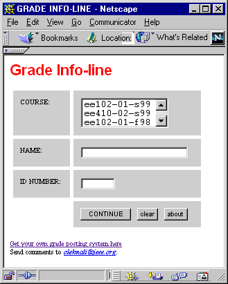 GradeWatch login screen with course menu